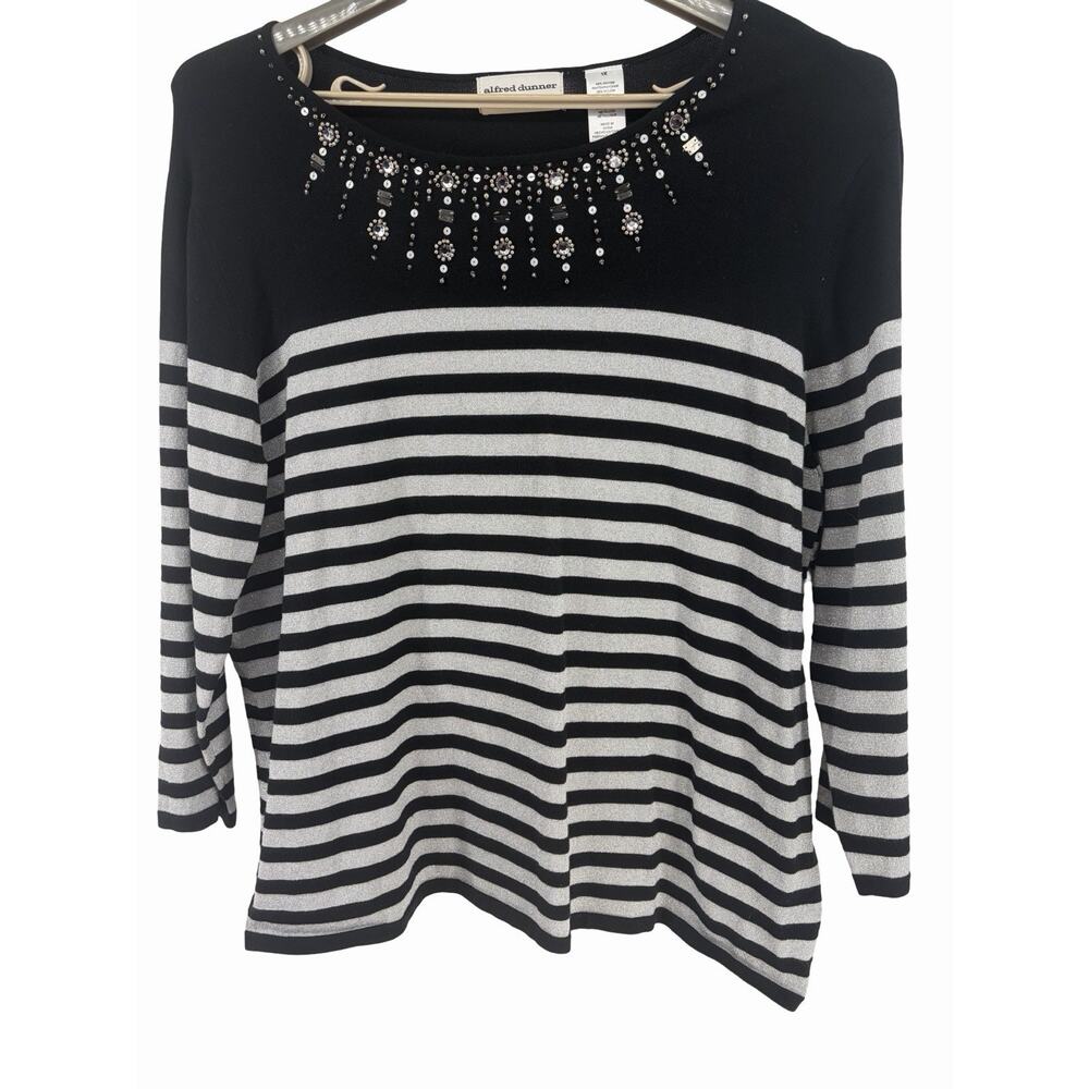 Alfred Dunner Women’s 1X Black Silver Striped Metallic Knit Top Beaded Neckline